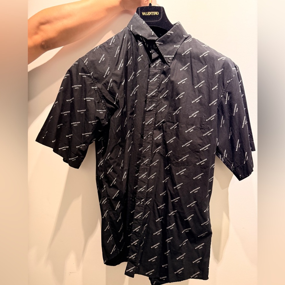 Balenciaga Black Logo-Print Short Sleeve Button-Down Shirt